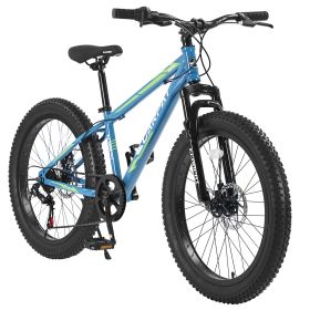 S24109 Elecony 24 Inch Fat Tire Bike Adult/Youth Full Shimano 7 Speeds Mountain Bike, Dual Disc Brake, High-Carbon Steel Frame, Front Suspension